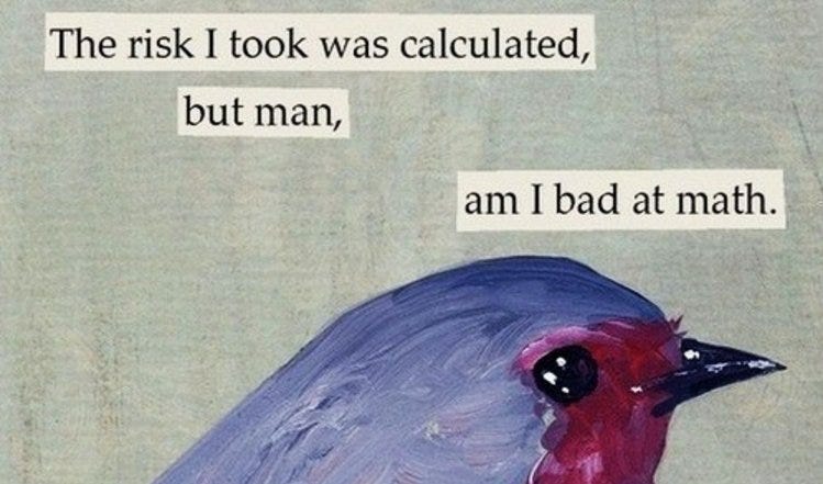 Meme of a bird saying "the risk I took was calculated, but man, am I bad at math"