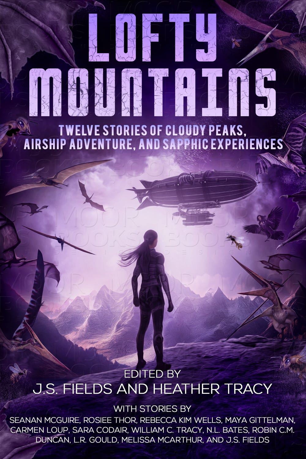 Cover for LOFTY MOUNTAINS: a silhouette of a woman before a purple hued backdrop of mountains and cloudy sky full of winged creatures and an airship. 
Text reads: 
LOFTY MOUNTAINS
Twelve Stories of Cloudy Peaks, Airship Adventure, and Sapphic experiences
Edited by J.S. Fields and Heather Tracy
With stories by Seanan Mcguire, Rosiee Thor, Rebecca Kim Wells, Maya Gittelman, Carmen Loup, Sara Codair, William C. Tracy, N.L. Bates, Robin C.M. Duncan, L.R. Gould, Melissa McArthur, and J.S. Fields