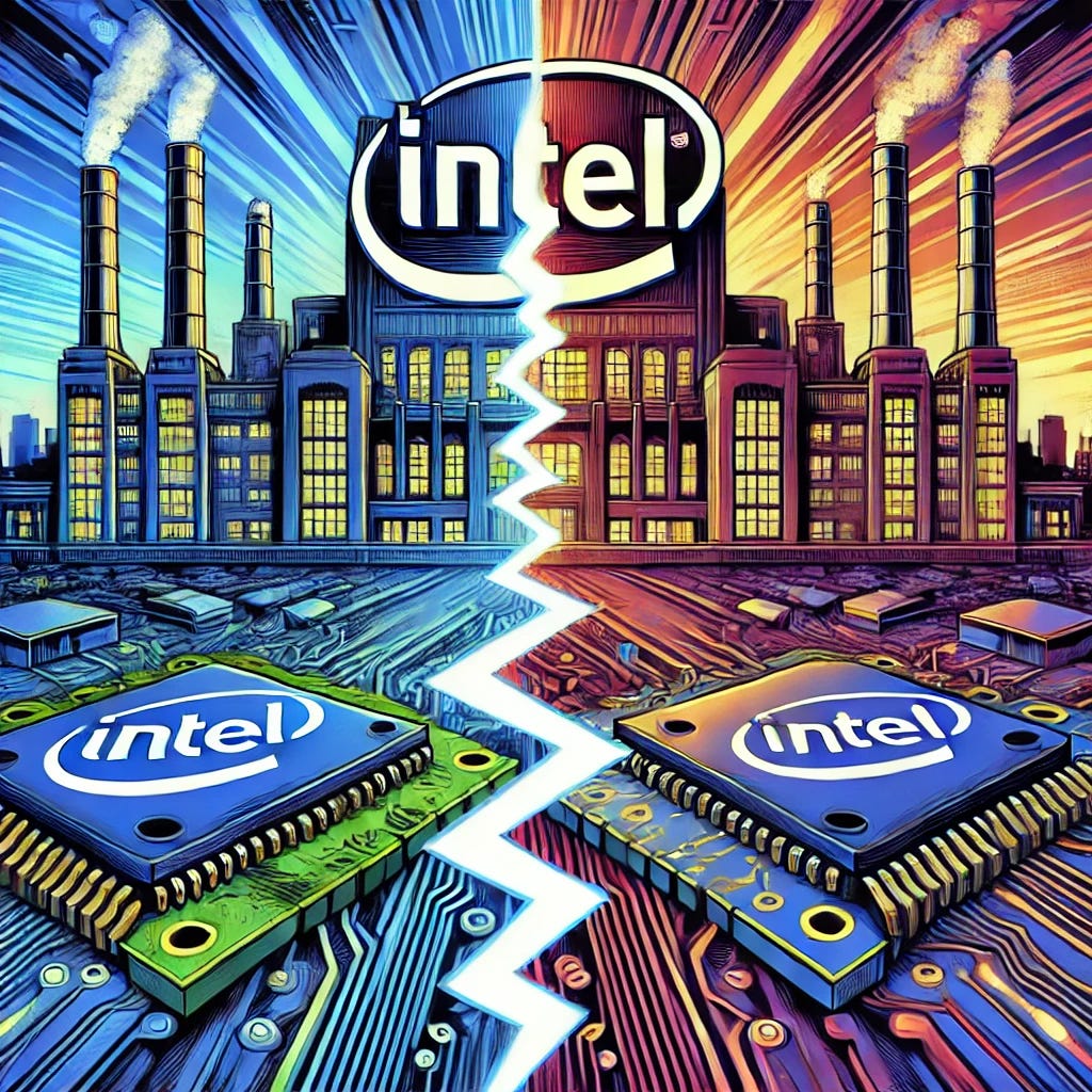 A vibrant, pop-art style 1920x1080 horizontal illustration depicting Intel considering splitting its manufacturing division. The scene features a stylized Intel factory, shown breaking apart into two sections, symbolizing separation. The factory has futuristic elements with chip designs and glowing neon lights. The background includes circuit board patterns and a dramatic skyline. Ensure the Intel logo is prominently visible on the factory. The artwork should have bold colors, dynamic lines, and a striking composition to reflect the dramatic decision.