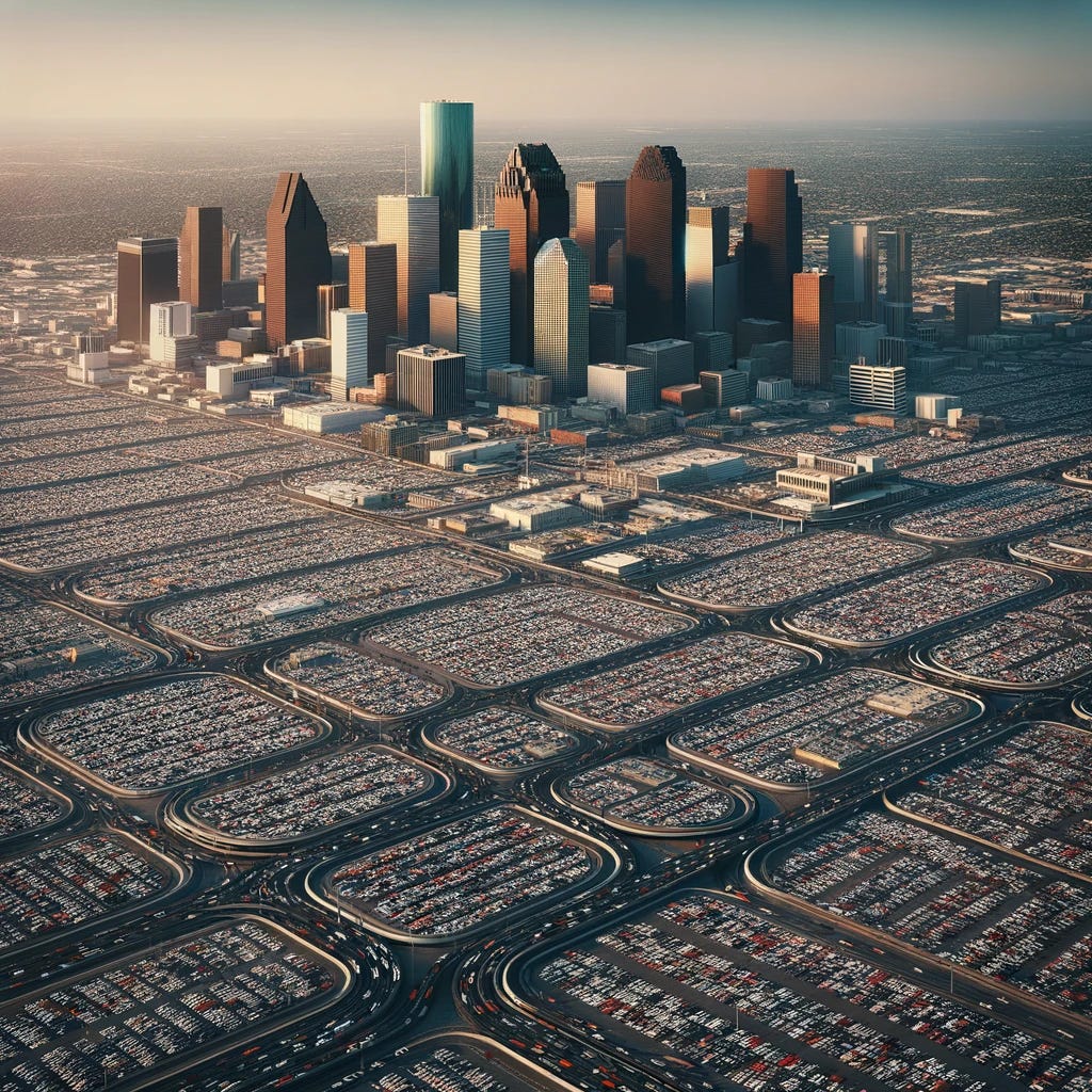 Photorealistic image of downtown Houston, overemphasizing the abundance of parking lots. The picture should show a densely packed urban skyline with numerous skyscrapers, intermingled with an exaggerated number of parking lots, dominating much of the landscape. The image should convey a sense of urban congestion and the prominent role of car culture in the city's layout.