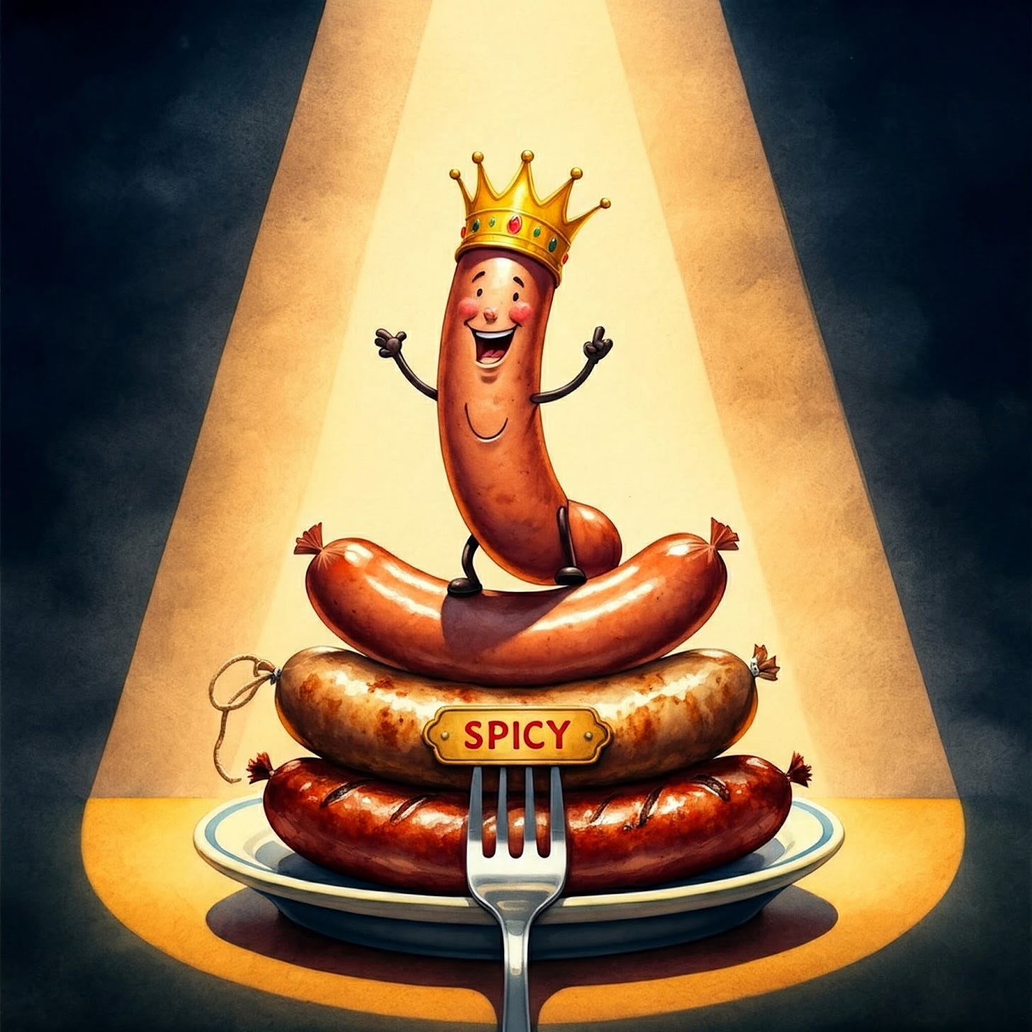 Pile of sausages with the one on top smiling with his crown and the label Spicy on the pile