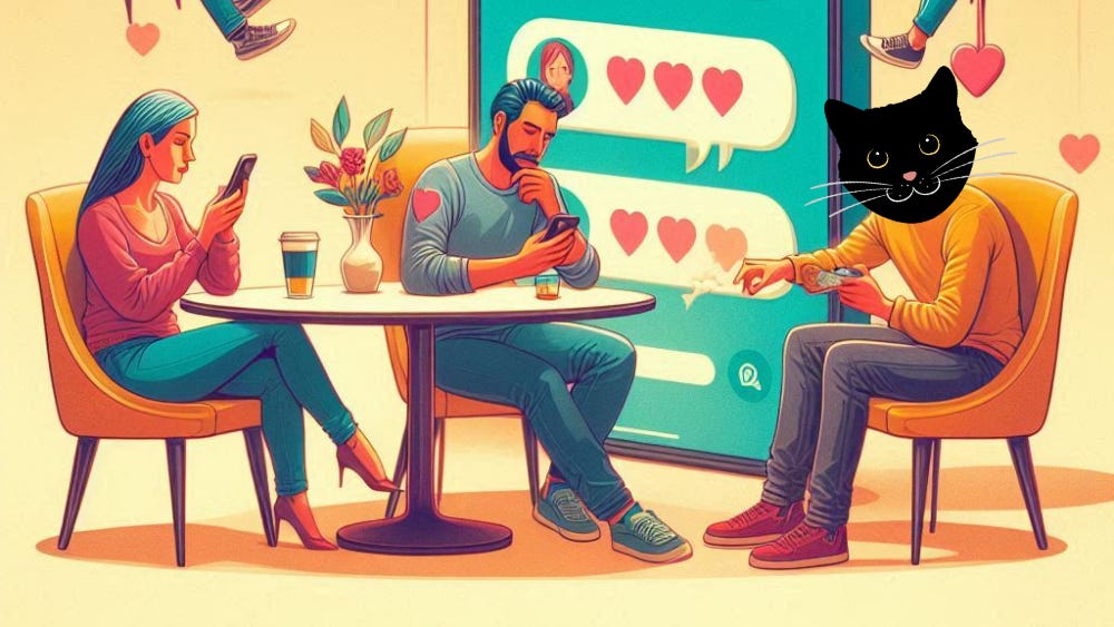 Image of humans and a humanoid cat checking their smartphones