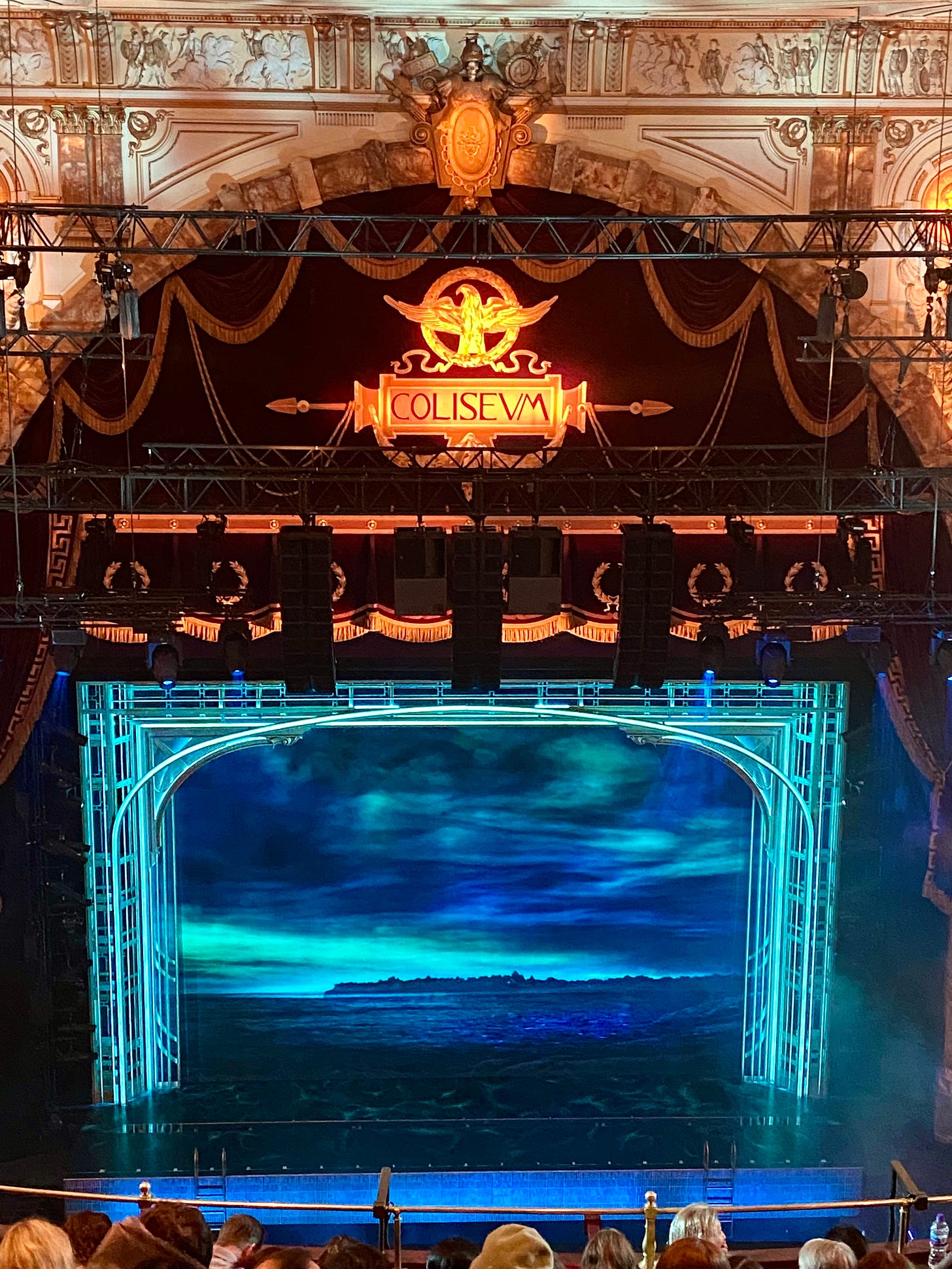 The painted backdrop of The Great Gatsby from my seat in the balcony.