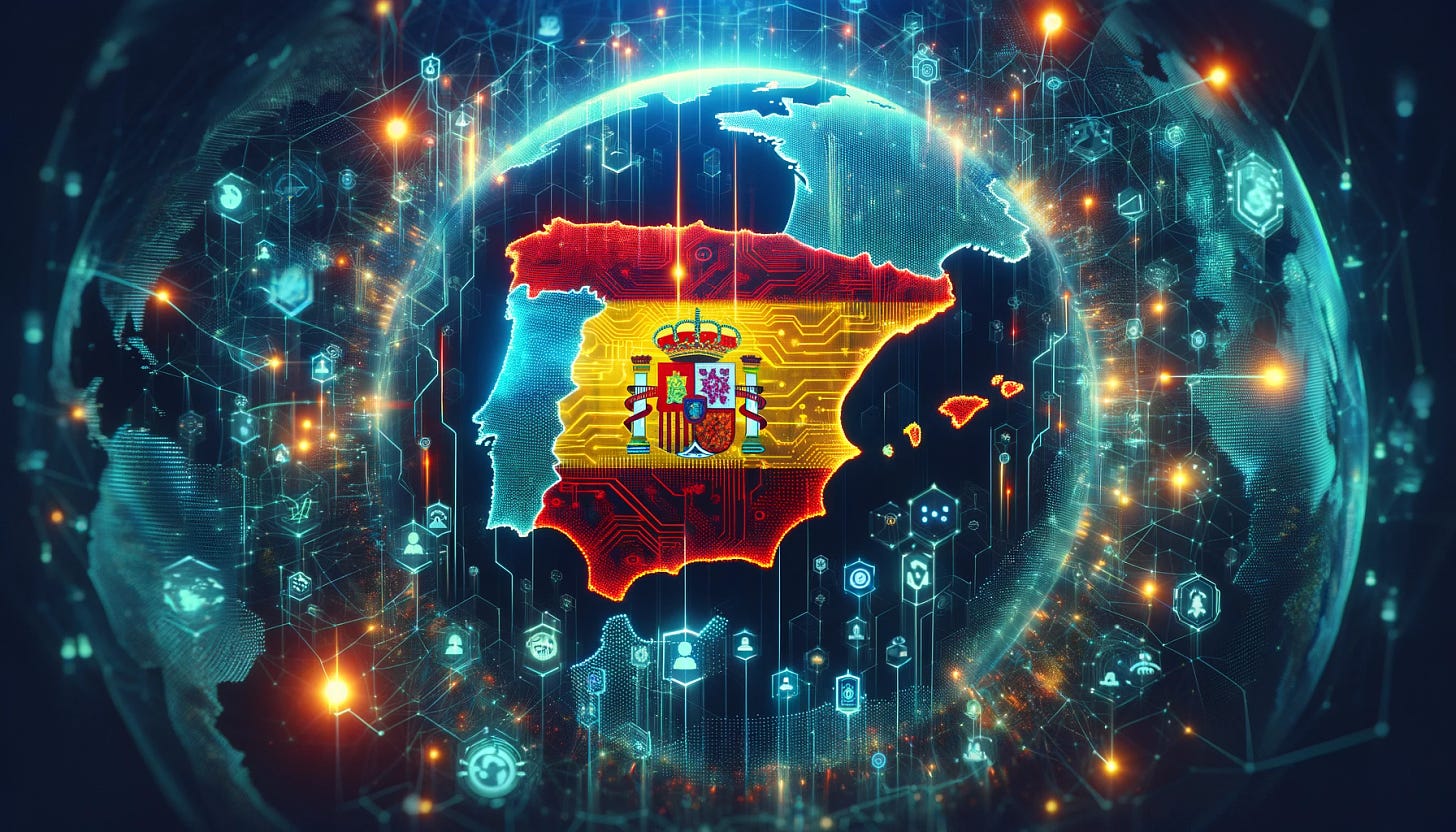 A symbolic representation of Spain participating in the global AI race. The image depicts a stylized map of Spain, filled with futuristic digital elements like circuit patterns, glowing nodes, and holographic projections of AI-related symbols. The background shows a global map with glowing lines connecting different countries, indicating a network of AI development. Other countries are also depicted with similar digital motifs, representing their participation in the AI race. The overall feel is high-tech and interconnected, showcasing a world united by AI technology.