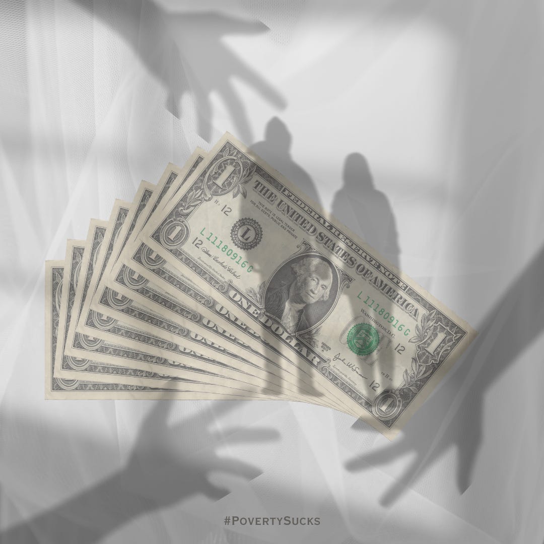 A handful of dollar bills are fanned out against a gray background. Three shadowy hands and the shadows of two people are in the background. 