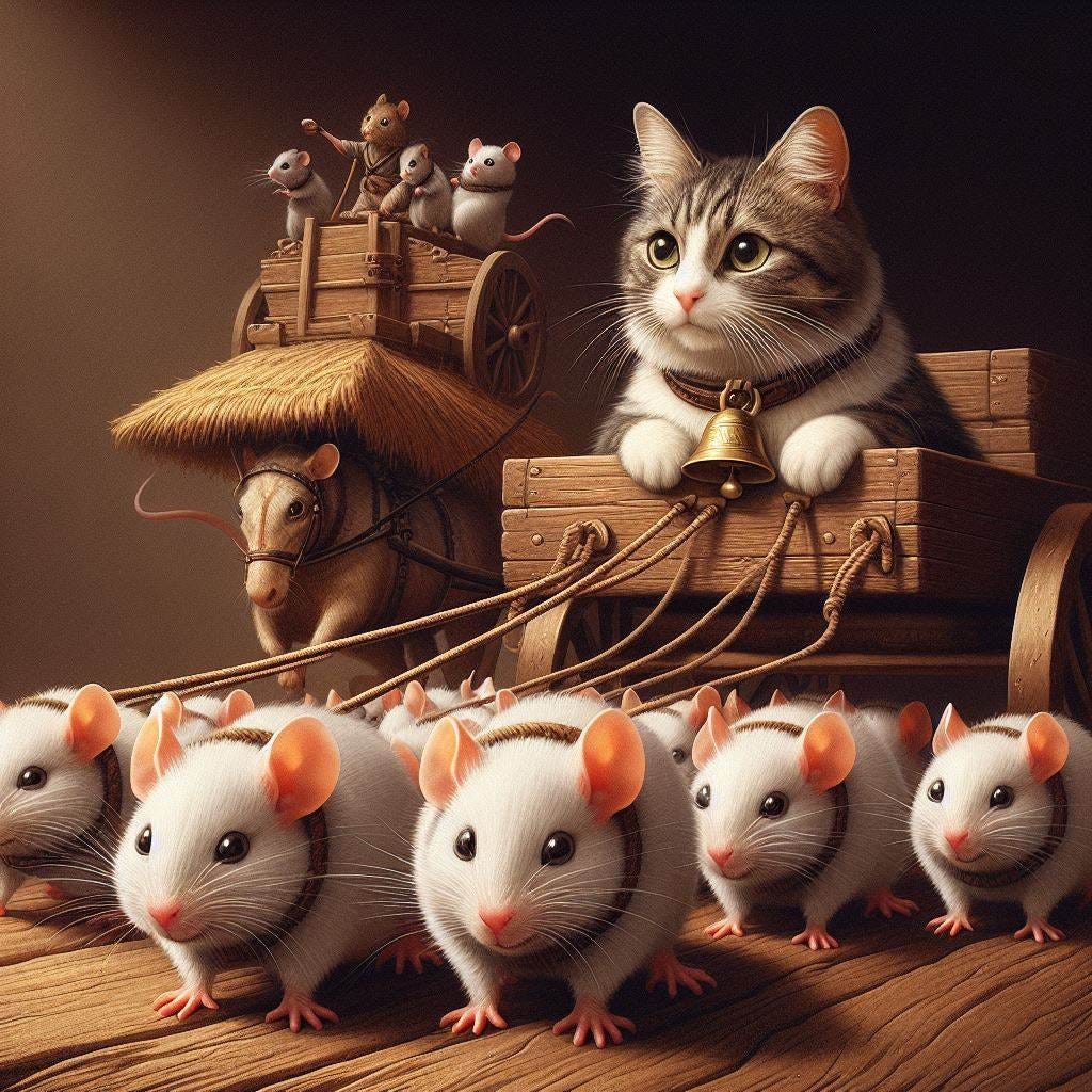 a team of mice under a yoke being driven by a cat with a bell around its neck