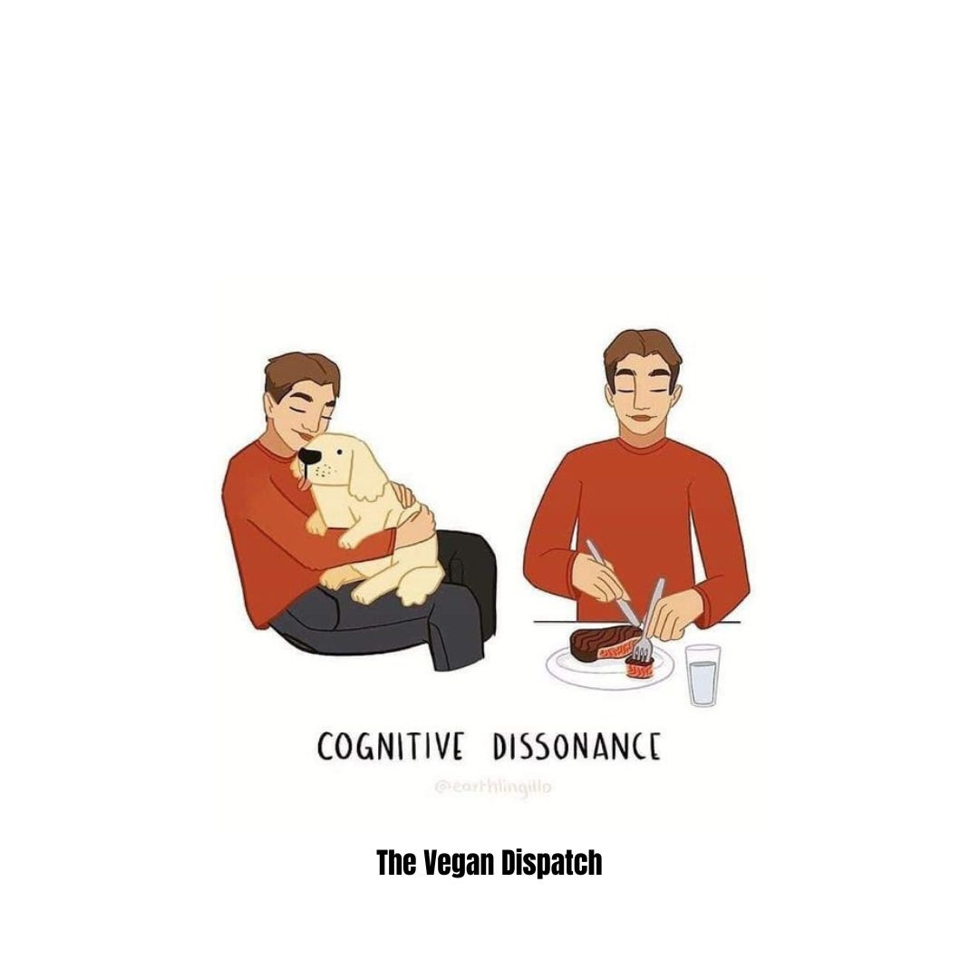 Cognitive dissonance in carnism is the mental conflict experienced when one's behaviors, such as eating animals, contradict their values, like caring for animals, leading to discomfort and rationalizations to align these inconsistencies.