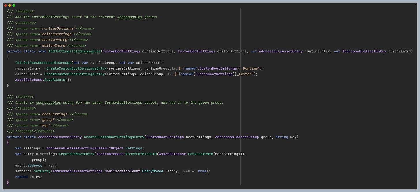 Source code illustrating the method of adding assets to an Addressable Group in Unity