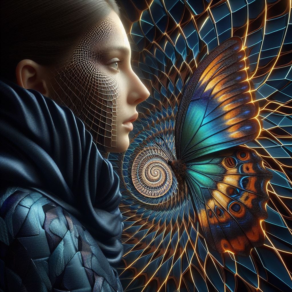  Hyper realistic : Close up woman wearing a dark blue silk cape with Woman in foreground with a jacket made of macro image by charles krebs  close up of wing scales of the Prola beauty butterfly, Panacea prola. The background is a spiral of squares. They spiral to a point and disappear in the center of the screener's. a dark blue background with see through squares with thin neon yellow and orange light as trim. 