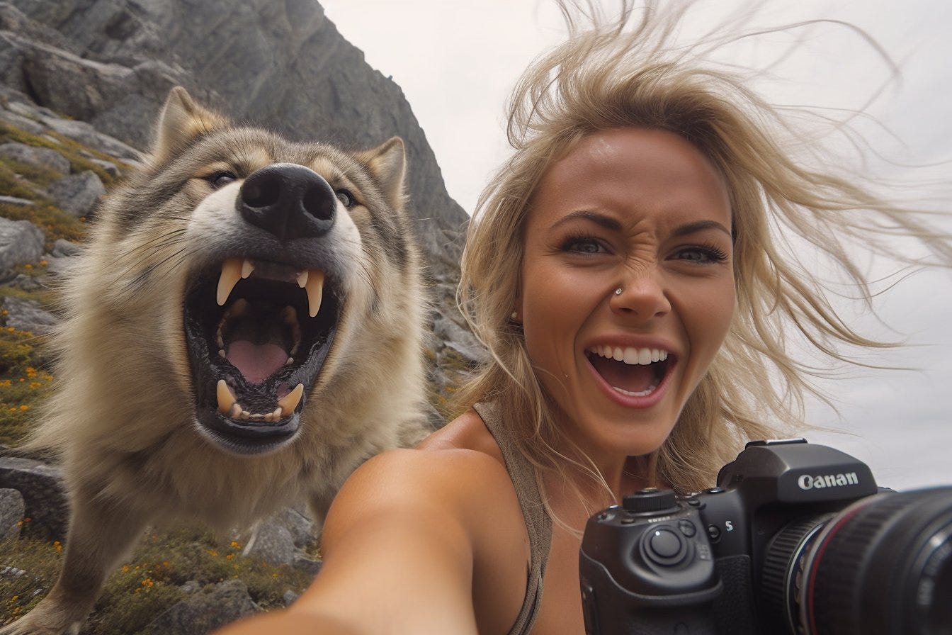 A hyper - realistic GoPro selfie of a smiling glamorous Influencer with an angry wearwolf. Extreme environment. --ar 3:2
