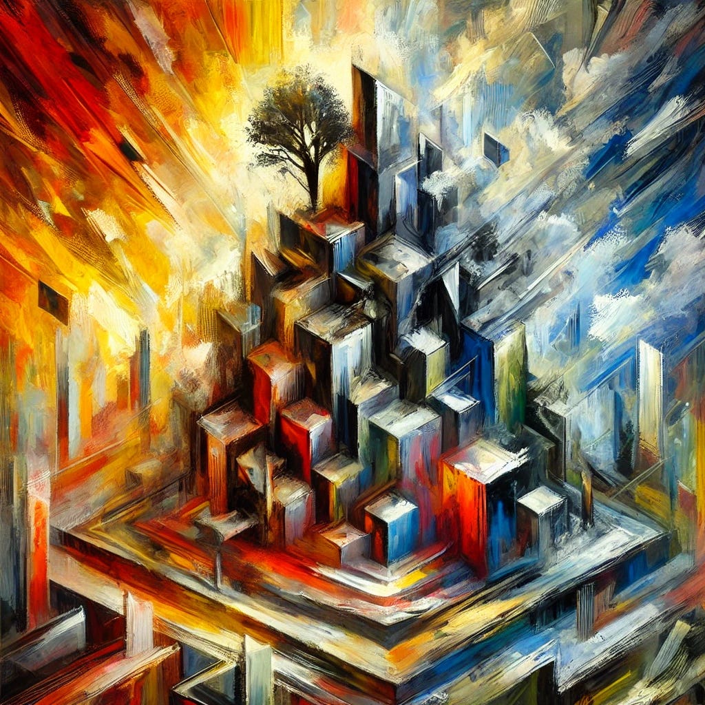 Create a vibrant square image styled as an oil painting with expressive, dynamic brushstrokes and intense, bold colors. The concept should visually depict the tension between power structures and social fragmentation. Use abstract shapes to represent hierarchy, with jagged and fragmented elements symbolizing broken communities or the clash between classes. Incorporate a sharp contrast of light and shadow to highlight emotional discord and inequality, with no human figures or text.