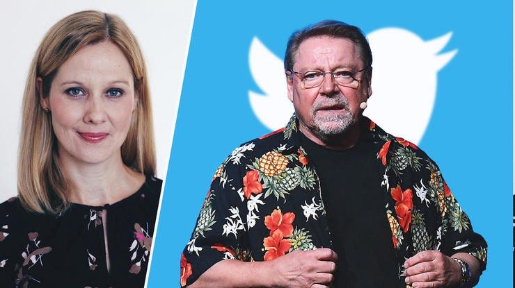 Nicole diekmann und juergen von der lippe vor dem twitter symbol der komiker war auf twitter fuer harmlose aeusserungen schwer angegriffen worden 