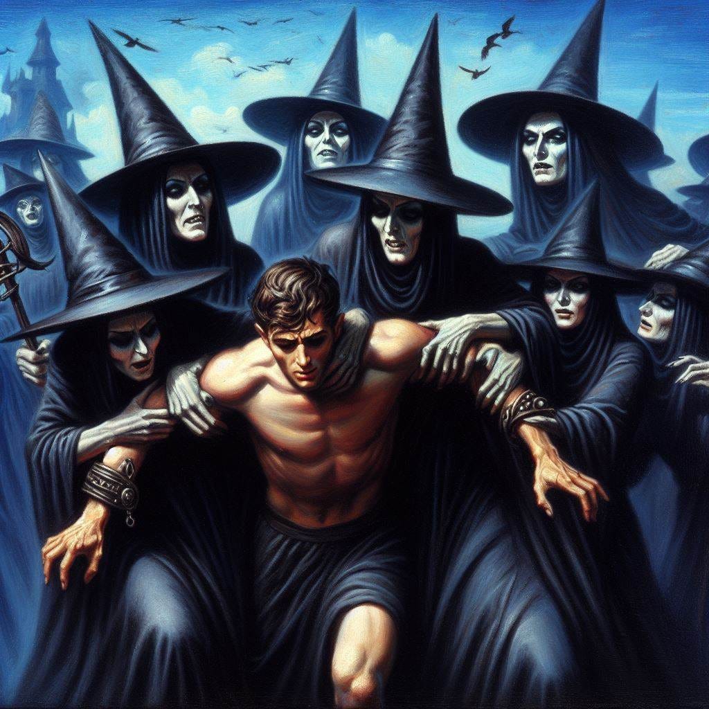 plusieurs sorcières noires retiennent un jeune homme captif qui essaie de fuir, style peinture d'huile sur fond bleu