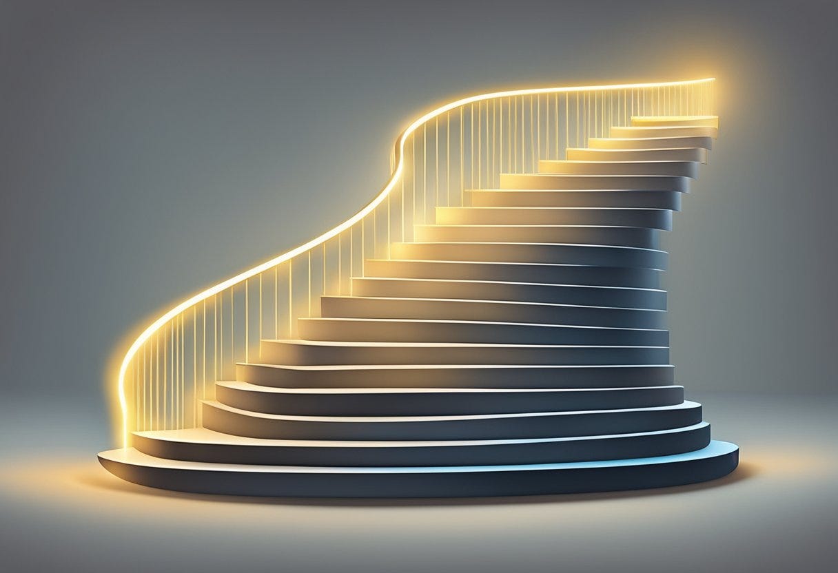 A winding staircase with small steps leading up to a glowing, larger goal at the top. Each step is labeled with a different accomplishment or milestone