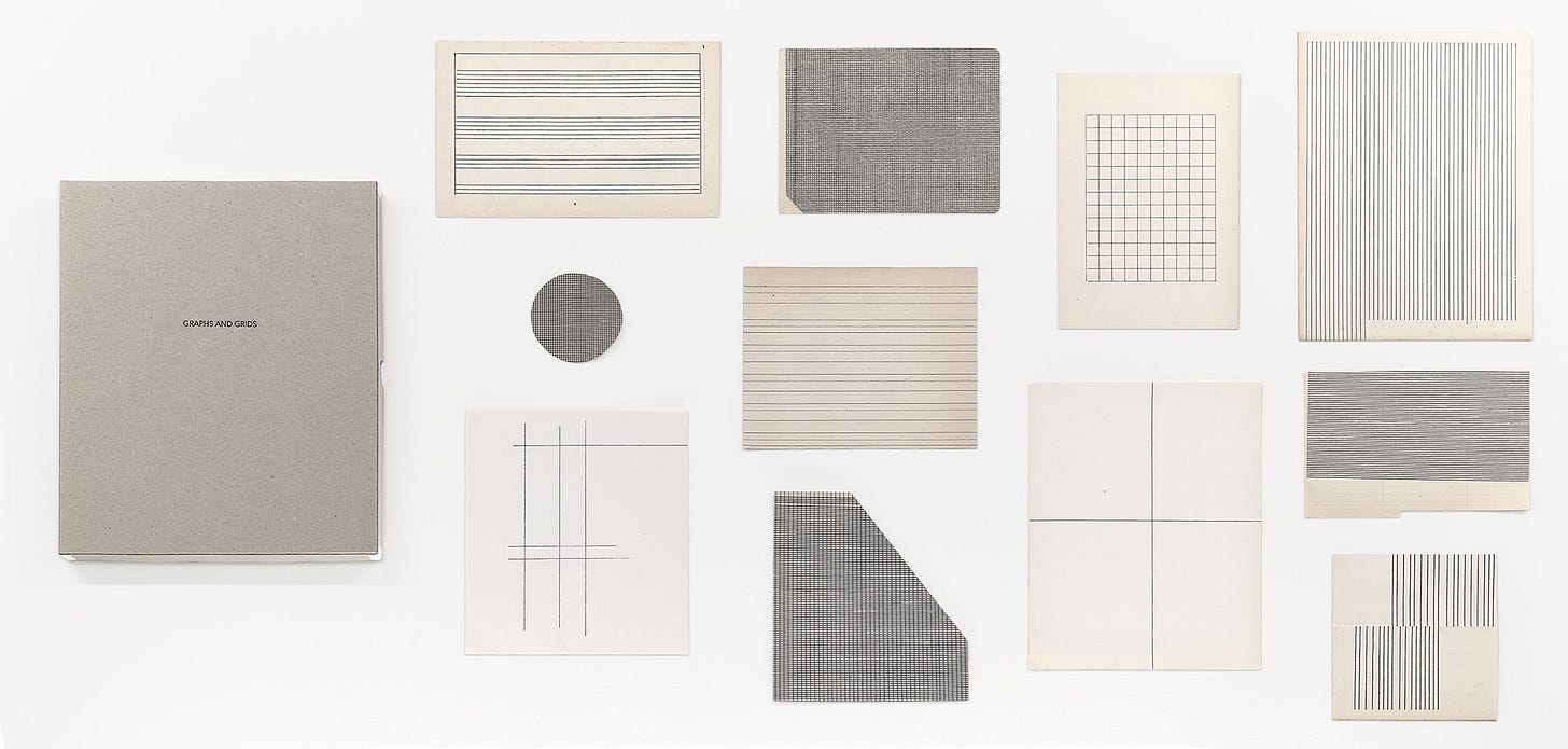 Victoria Burge, Graphs & Grids, (typewritten ink on paper in 11 parts, accompanied by an enclosure of binder’s board with foil stamp in two parts and a paper folder; installation dimensions are variable), 2023 [Krakow Witkin Gallery, Boston. © Victoria Burge]