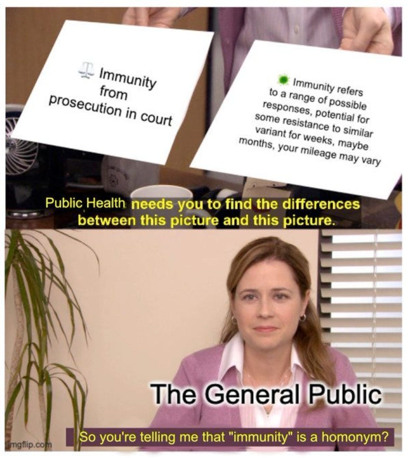 They’re the same picture meme from The Office. The top image has 2 sheets of paper, on one it says Immunity from prosecution in court, in the other it says Immunity refers to a range of possible responses, potential for some resistance to similar variant for weeks, maybe months, your mileage may vary. The caption says Public Health needs you to find the differences between this picture and this picture. The woman in the picture below is labeled The General Public and she says, So you're telling me that "immunity" is a homonym?