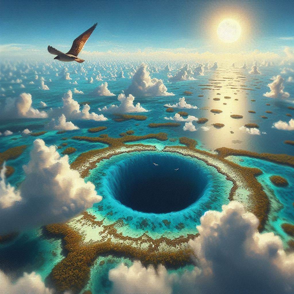 Chunky oil painting image; tilt shift looking down. vast distance.hyper realistic photo image of the Blue Hole (Belize), seen from above. bird flying across feild of vision closer to camera. There is a sun in the sky with the face of a god and it's made of copper and glass. The clouds are fluffy and white. 