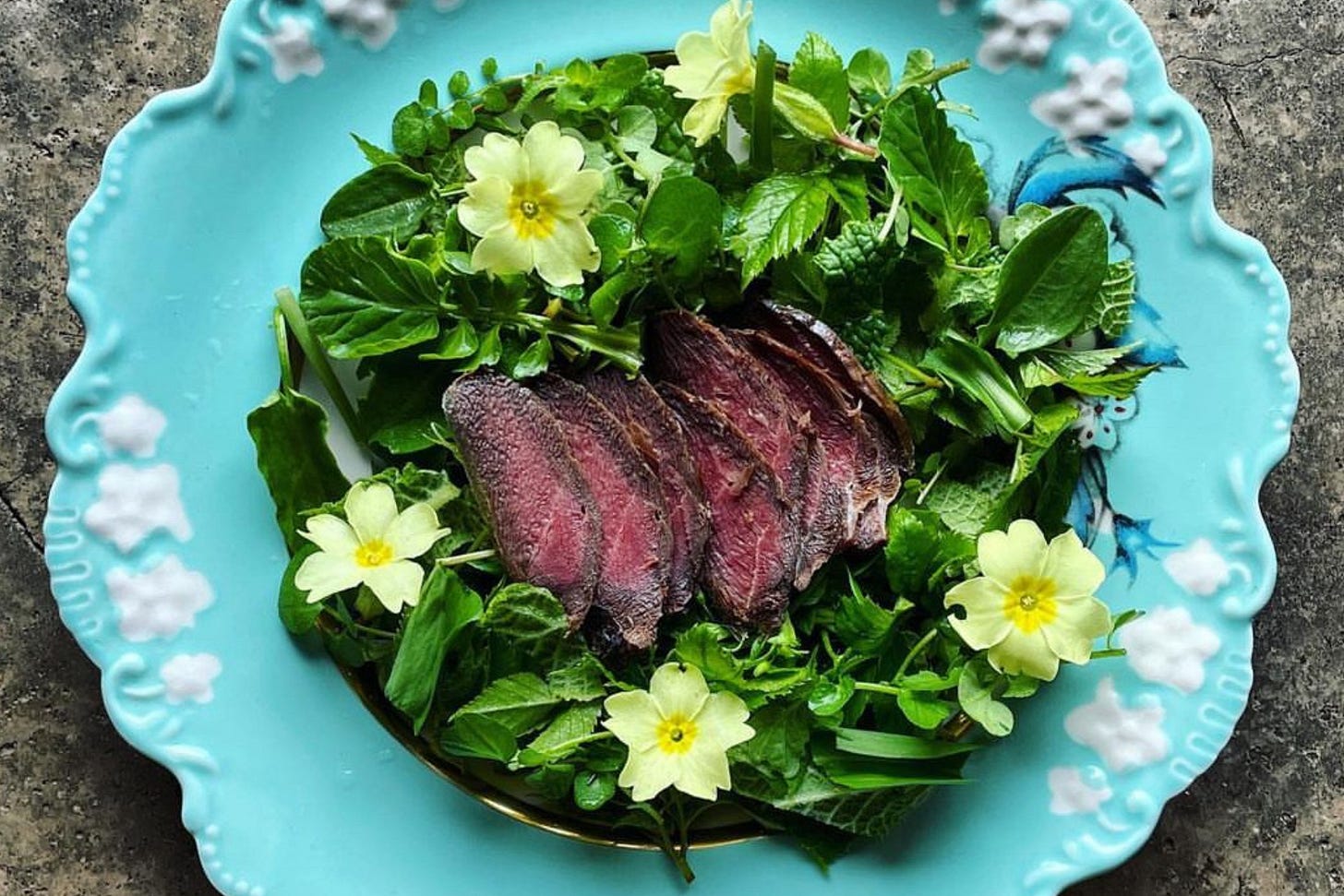 Mo’s Wildbiome Day One Breakfast. Wild greens salad with smoked wood pigeon. Salad contained ground elder, wintercress, sorrel, bittercress, wild garlic, wild mint buds, primrose leaf and flower with homemade wild raspberry vinegar as a dressing.