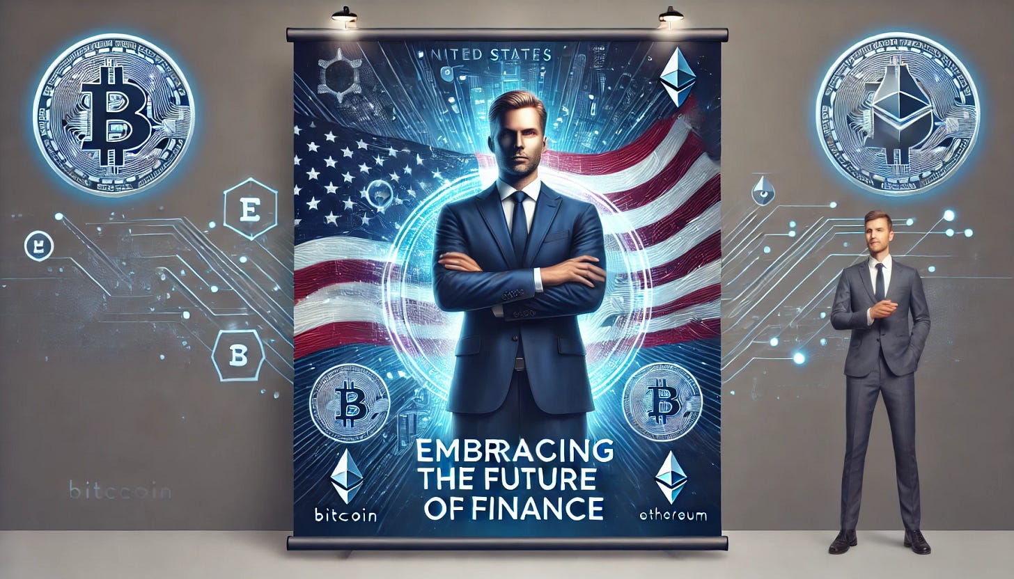 A futuristic banner design featuring a fictional United States president promoting cryptocurrencies. The banner has a modern and sleek layout, with the president in a navy blue suit standing confidently against a backdrop of digital blockchain symbols and cryptocurrency logos like Bitcoin and Ethereum. The banner prominently displays the text 'Embracing the Future of Finance' in bold, futuristic font, with the U.S. flag subtly integrated into the design. The overall tone is innovative and inspirational, perfect for a promotional campaign.