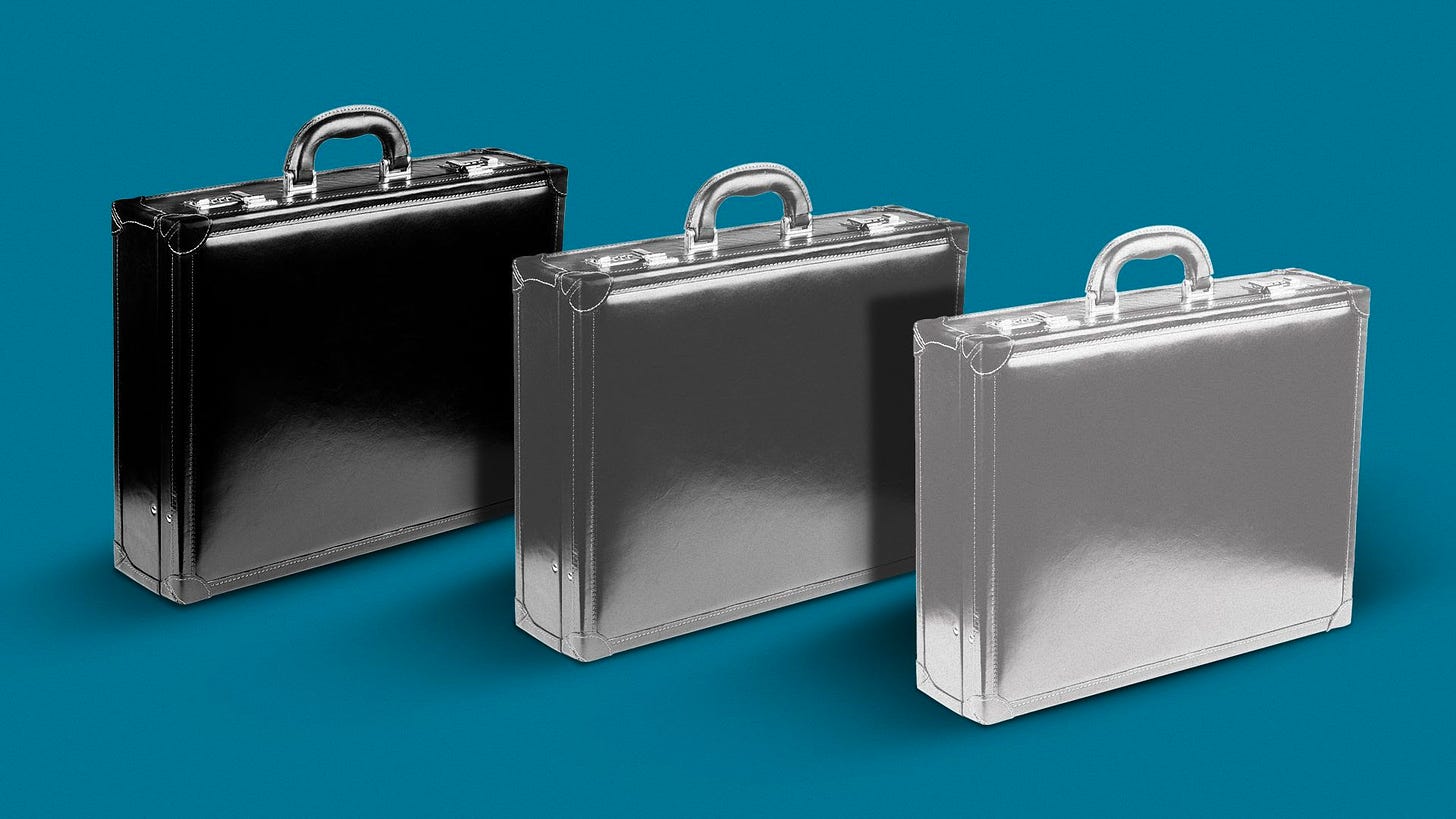 Illustration of 3 briefcases fading from black to light gray