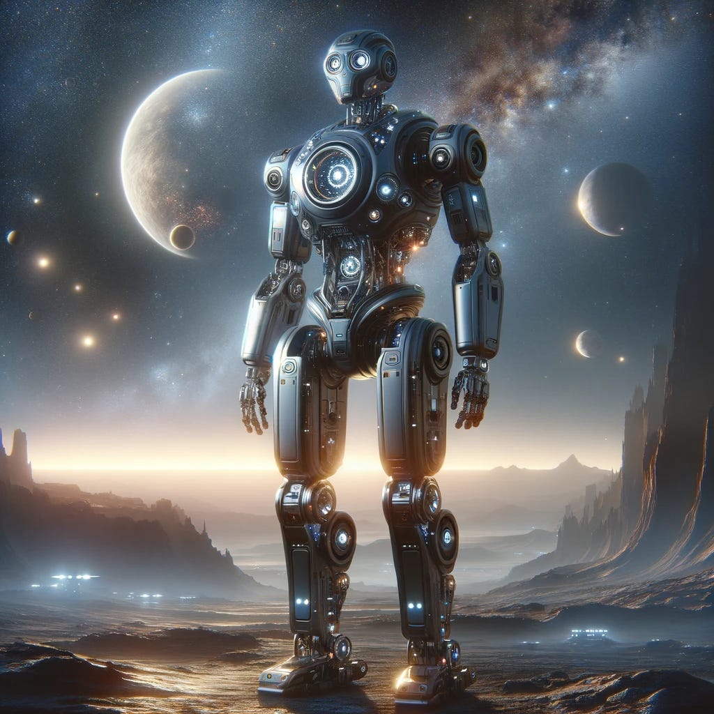 Imagine a futuristic robot named Grok-1, designed for advanced interstellar exploration. This robot is sleek and robust, with a high-tech, metallic body that reflects its environment. Its design includes various sensors and antennas, glowing elements that could be its eyes or communication devices, and articulated limbs for complex tasks. The robot is shown standing on a distant, rocky alien planet, with a star-filled sky and distant galaxies visible in the background. The atmosphere is mysterious yet awe-inspiring, highlighting Grok-1's role in the exploration of the cosmos.