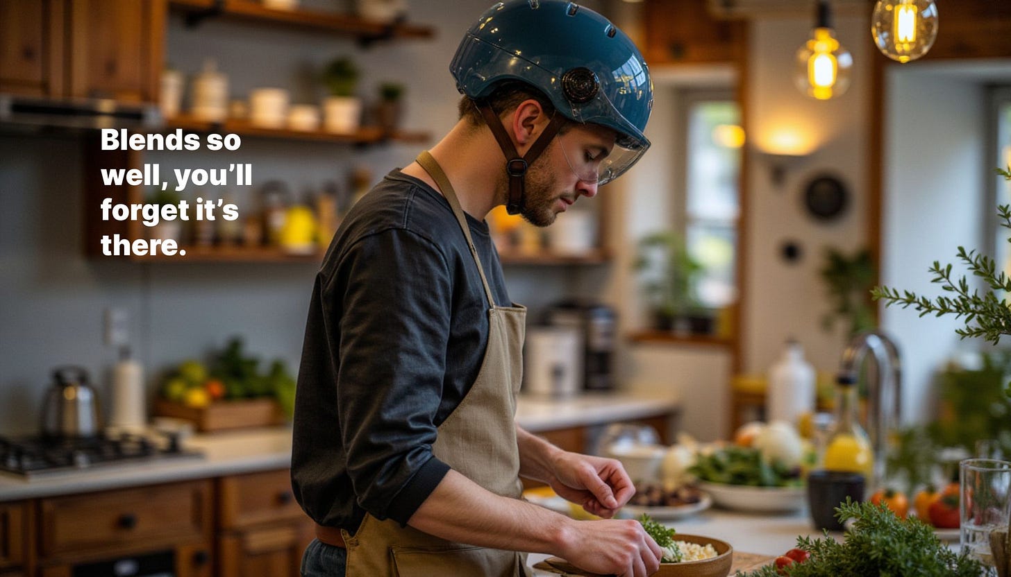 Un homme cuisine avec son casque de velo