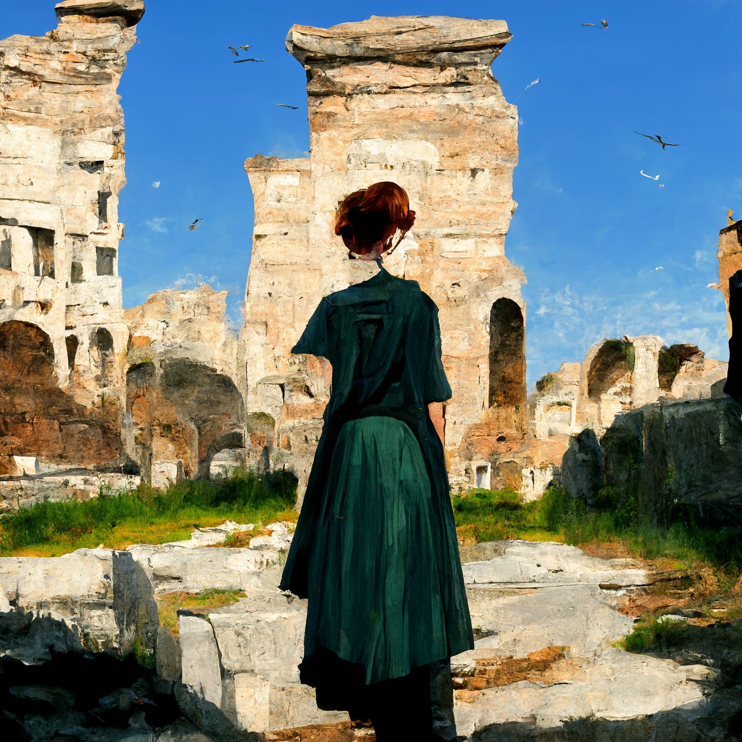 A young woman looks out at the ruins of Ancient Rome. Her dress, which is green, is of an old-fashioned style, and her outline seems to be partly vanishing into the scene.