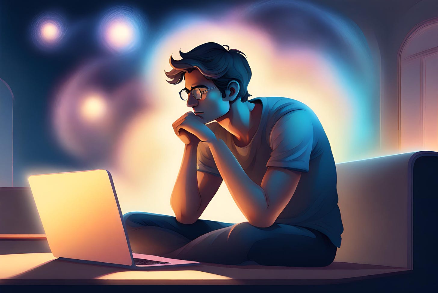 Illustration of a thinking man sitting in front of a laptop computer