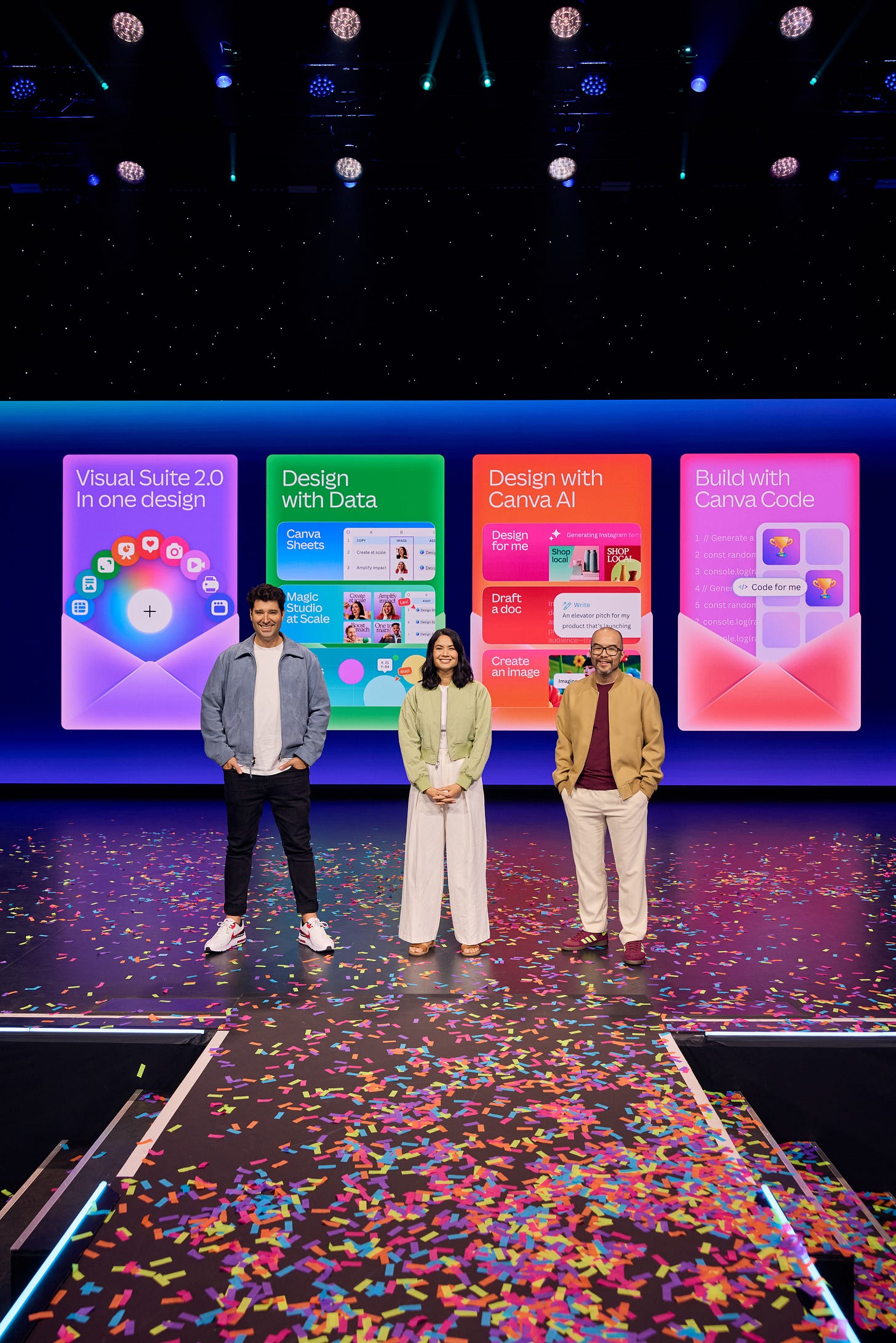Canva’s co-founders Melanie Perkins, Cliff Obrecht, and Cameron Adams on stage in front of a screen showing the updates announced at Canva Create 2025