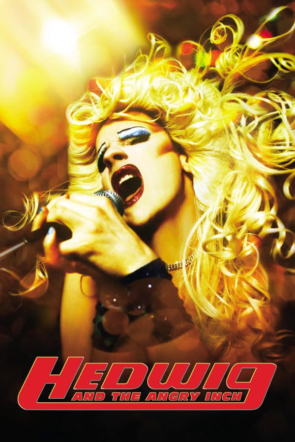 Movie poster for Hedwig and the Angry Inch, featuring an extremely glammed up femme singer belting out into a mocrophone in a stylized gold hued image
