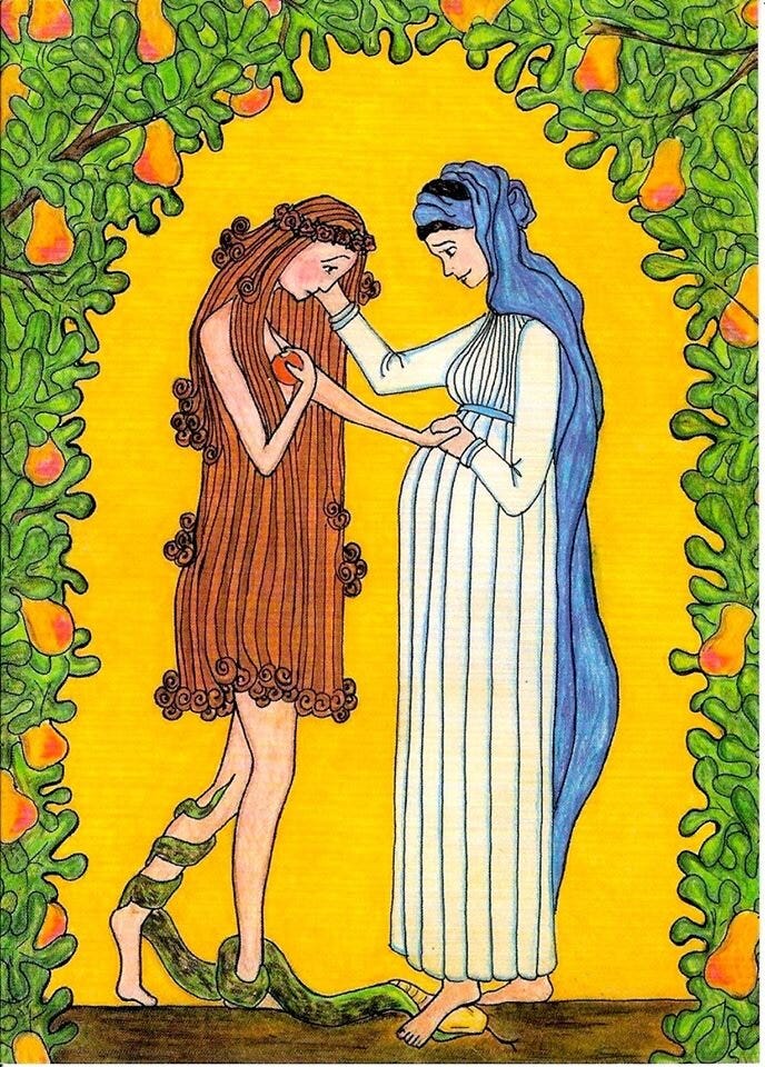 Virgin Mary and Eve Crayon &amp; pencil drawing by Sr Grace Remington, OCSO © 2005, Sisters of the Mississippi Abbey.