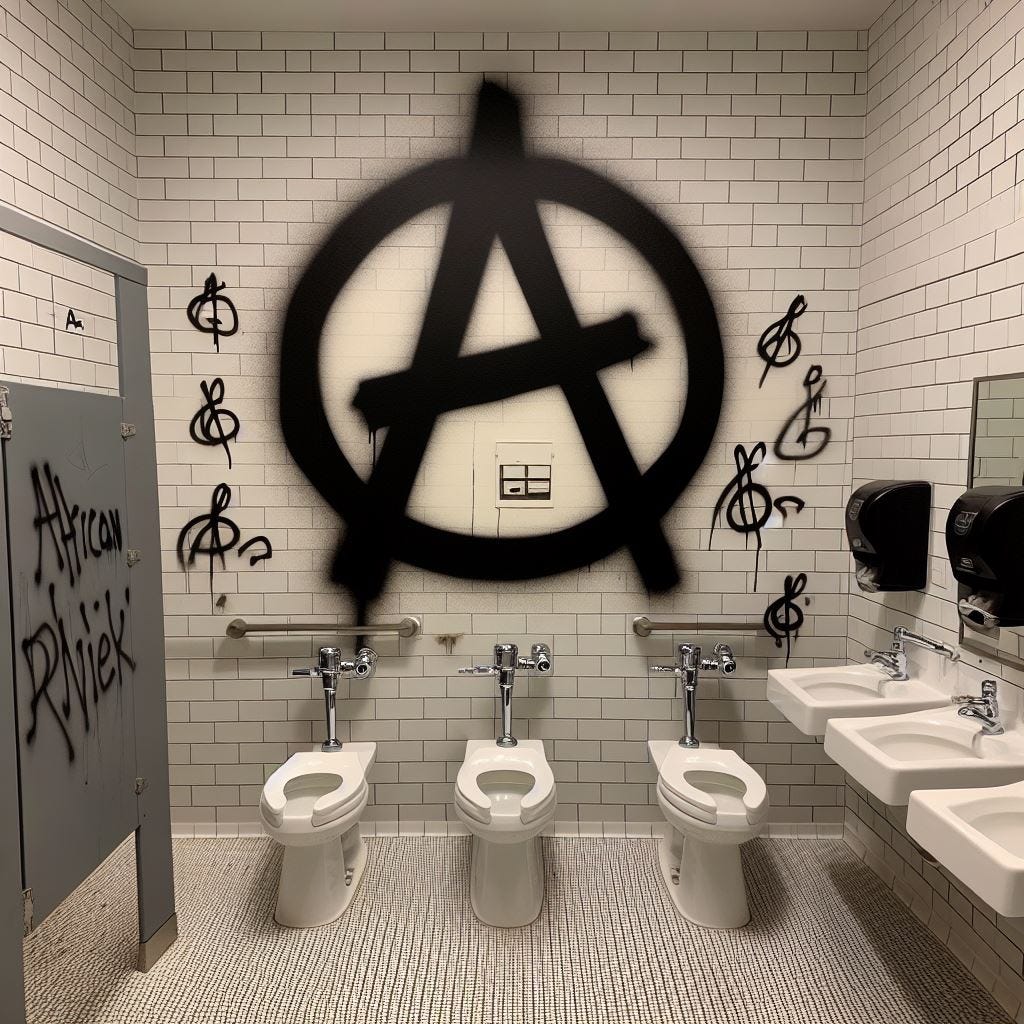a clean women's bathroom with the anarchy symbol spraypainted everywhere