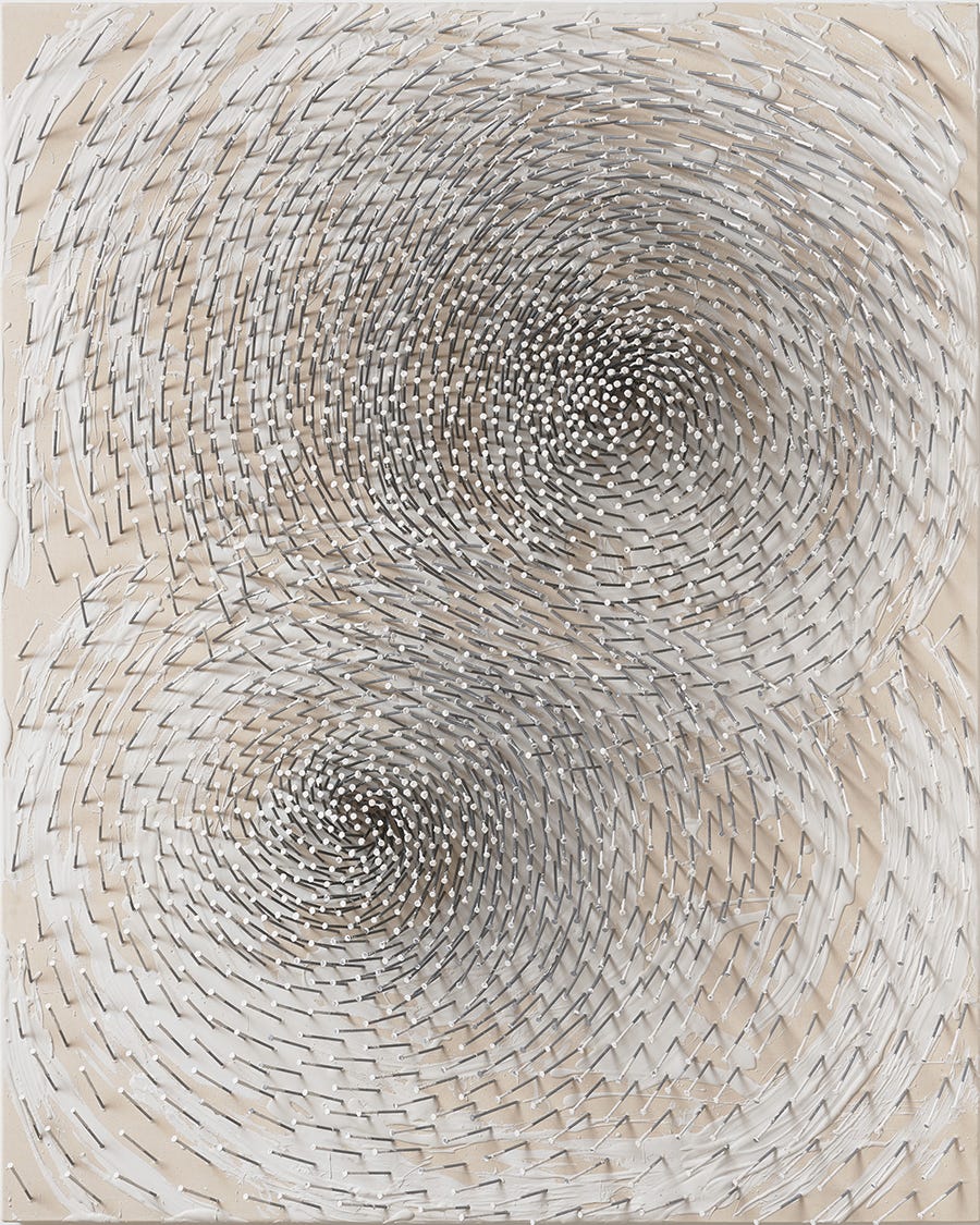 Günther Uecker, Doppelspirale “Both”, (nails and white paint on canvas on wood), 2019 [«Frieze». © Estate of Günther Uecker / ARS, New York / VG Bild-Kunst, Bonn. Photo: © Ivo Faber]