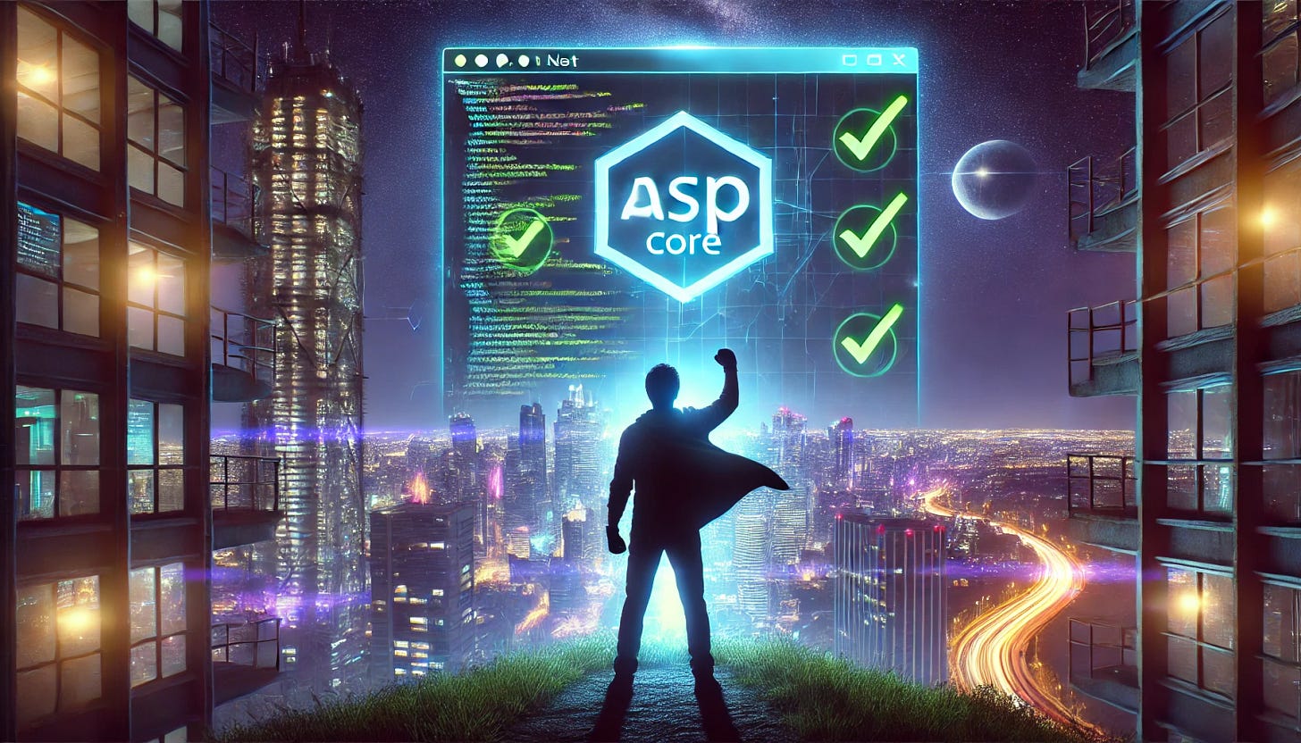 A heroic software engineer silhouetted against the vibrant night skyline, standing on the rooftop of a futuristic skyscraper next to a glowing transparent monitor displaying ASP.NET Core testing results, with blue and purple neon backlighting and a starry sky overhead. 