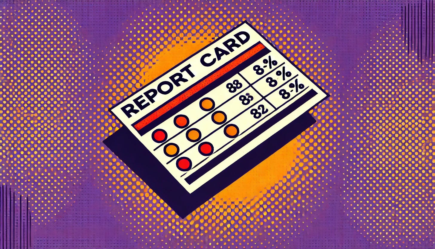 A pop art style illustration of a report card. The color palette is restricted to bright purple, bright orange, black, and white, with a white background. The design features a clean and minimalistic report card with grades listed on it, highlighting academic performance in a simple and visually striking way.