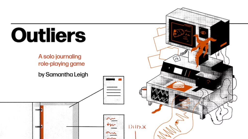 The banner image for Outliers which shows a binder and a strange computer