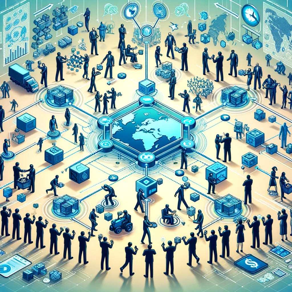 Visualize the concept of collaboration among different agents in a supply chain process. The image should depict a diverse group of figures, each representing different roles in the supply chain, such as manufacturers, distributors, retailers, and customers, all connected by a continuous flow of goods symbolized by a chain or stream. Each figure is actively engaged in passing along a symbolic item or digital token that represents the goods being shipped. The background should include elements that suggest a global scale, such as a map or globe, emphasizing the interconnectedness and complexity of modern supply chains. This visual metaphor aims to highlight the importance of cooperation and seamless interaction between various stakeholders to ensure the efficient movement of goods from production to final consumption.