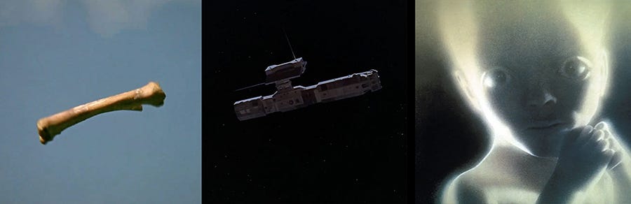 three stills from 2001. A bone, a satellite and an alien baby floating through space