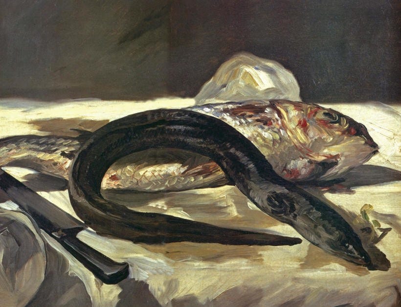 A painting of an eel and a red mullet on a table