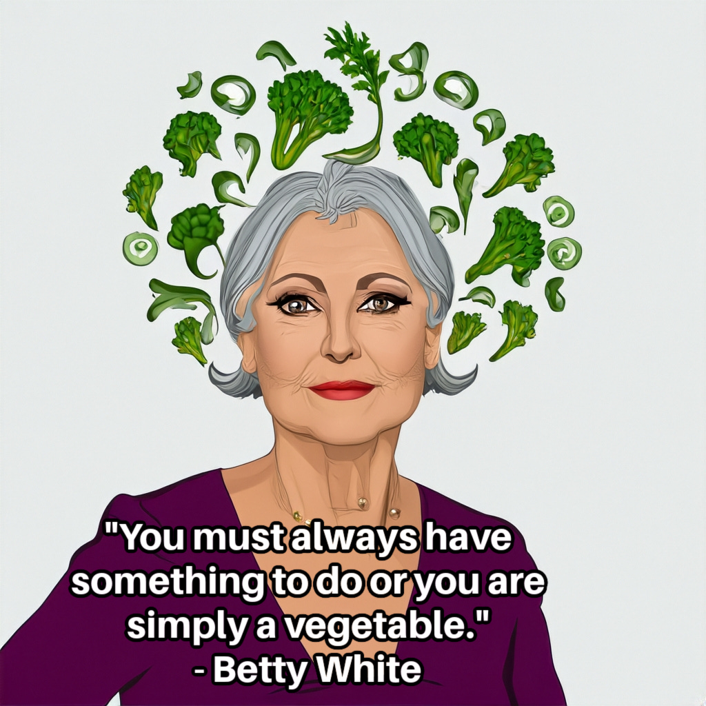 Illustration of white woman with gray hair with a variety of illustrated vegetables on the white wall behind her head. Inset caption by Betty White: “You must always have something to do or you are simply a vegetable.” 