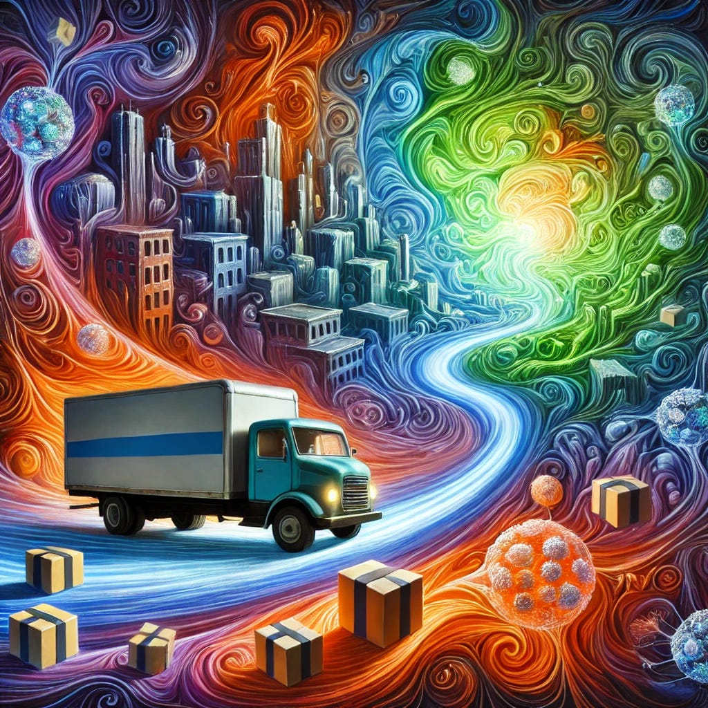 An abstract oil painting representing a miniature delivery truck navigating through a vibrant, swirling city that symbolizes the human body's cells. The truck weaves through intricate, winding streets, carrying glowing packages that represent healing compounds, as it removes harmful debris and repairs structures. The truck has no text or logos. The color palette is rich and dynamic, blending cool blues, greens, and purples with warm oranges, yellows, and reds, symbolizing healing, energy flow, and regeneration. The scene is lively and fluid, with the truck at the center of a dynamic process of renewal and repair.