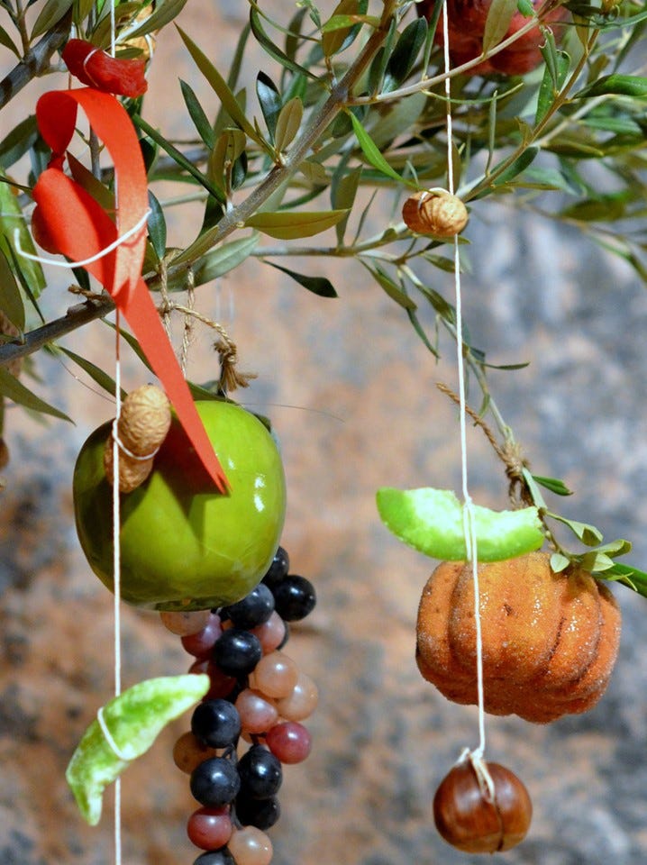 ramo d'ulivo da cui pendono fili rossi e bianchi con frutta secca e altre offerte