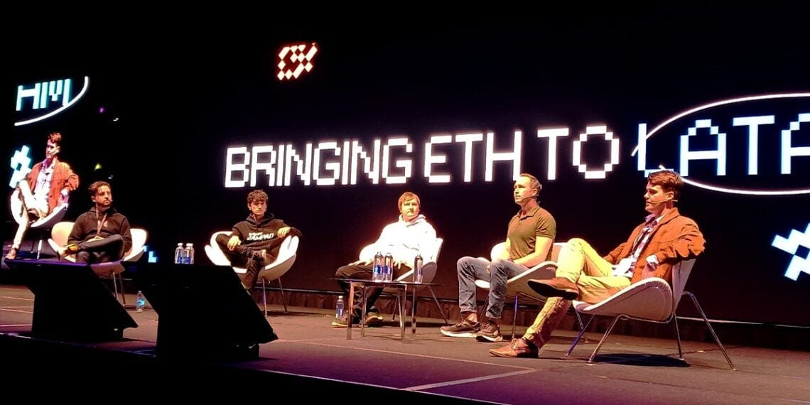 Di Pietrantonio, Benjamin, Kulechov and Gerrit Hall, in their panel on tablecoins at ETH Latam.