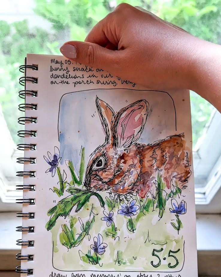 Pen and watercolor sketch of a bunny eating purple flowers