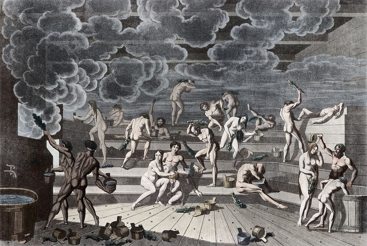 Naked men and women flogging each other with sprigs in a steamy bathhouse