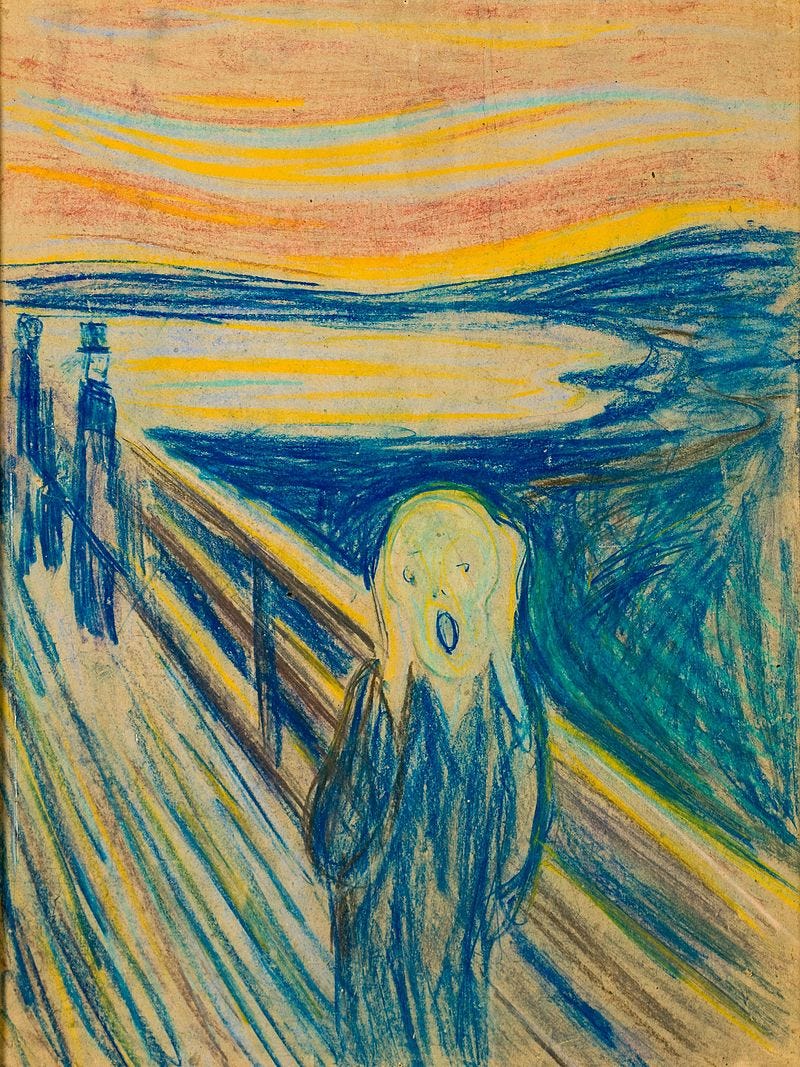 1893, pastel on cardboard. As possibly the earliest execution of The Scream, this appears to be the version in which Munch mapped out the essentials of the composition.