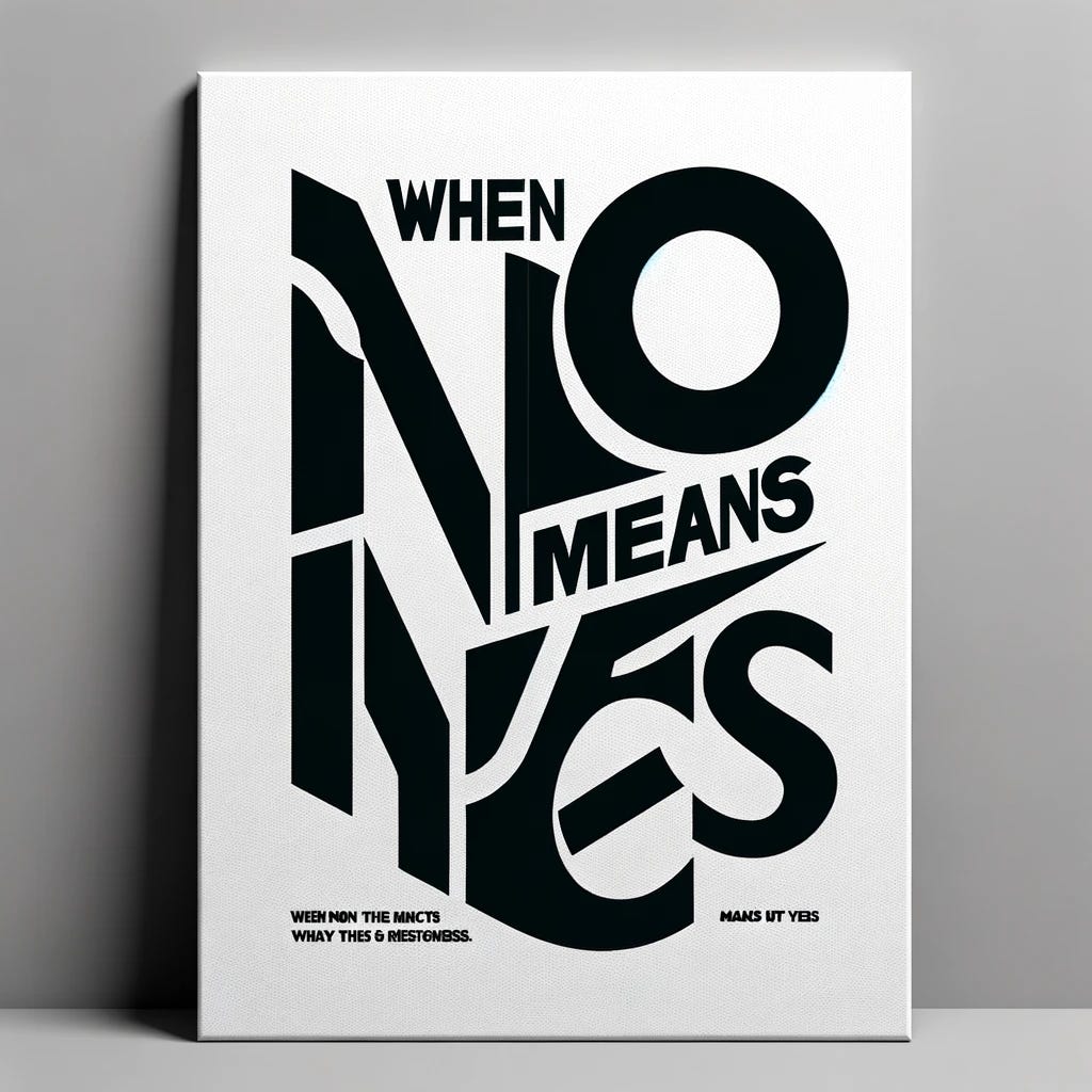 A conceptual art piece displaying the phrase 'When No Means Yes' in bold, artistic typography. The text should be large and centered on the canvas, with a contrasting background to make the words stand out. The style should be modern and minimalist, using a palette of black and white to emphasize the duality of the message. This piece should evoke a sense of paradox and provoke thought.
