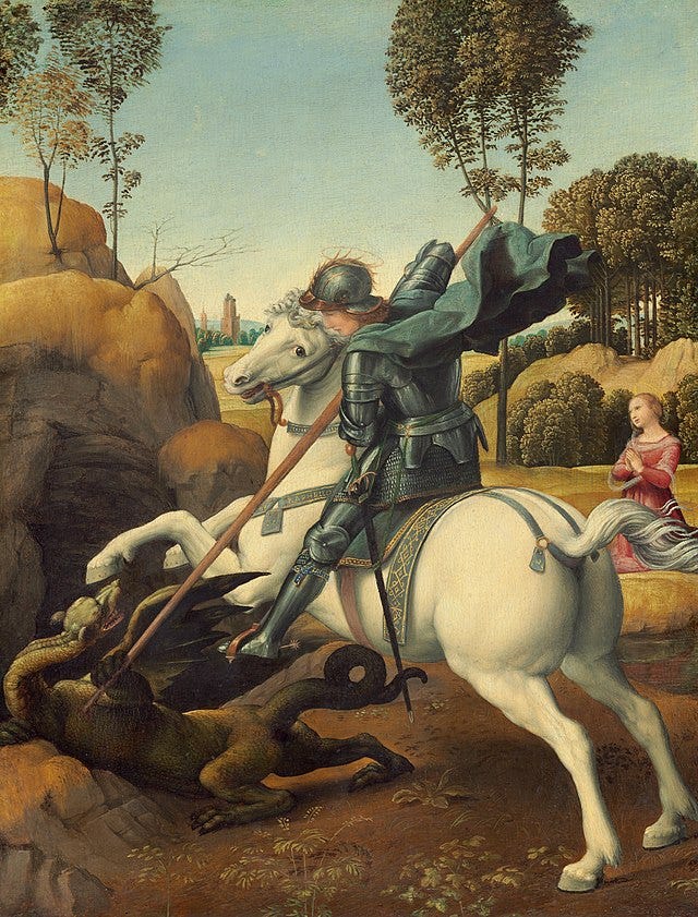 Painting by Raphael of St. George on a horse skewering a dragon