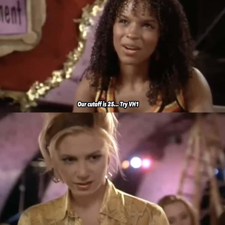 Screenshot of Romy and Michele's High School Reunion where a Black woman is telling Romy "Our cutoff is 25 . . . try VH1" and Romy is looking at her like "What?!"