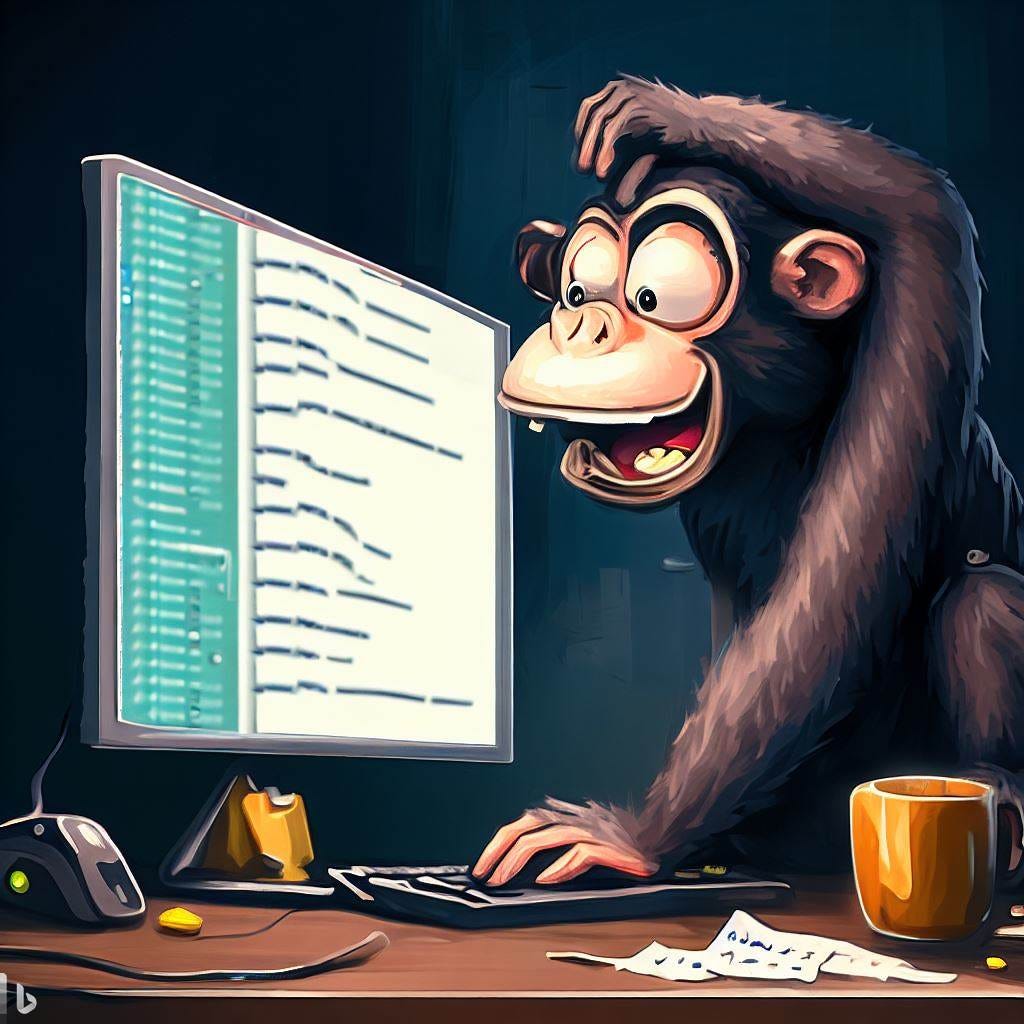 Picture of a programmer at his desk, we can see the IDE on his screen, except that the programmer is a monkey